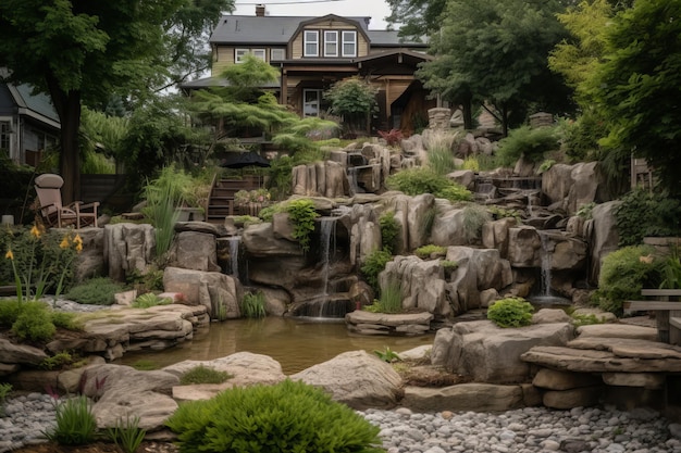 Una casa con una cascada al fondo.