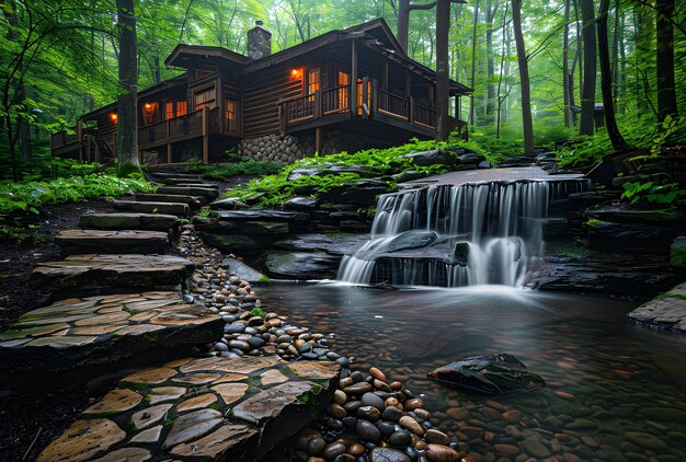 Foto una casa con una cascada en el bosque