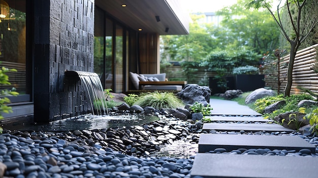 Una casa con una cascada y una casa con una piscina en el fondo