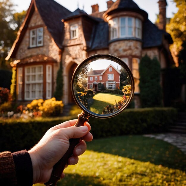 Foto casa de caza búsqueda de propiedad lupa mirando el hogar