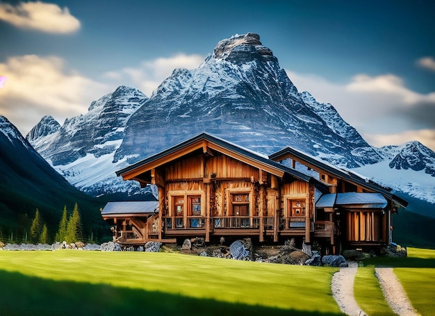 Casa cerca de una montaña rocosa escarpada en Suiza