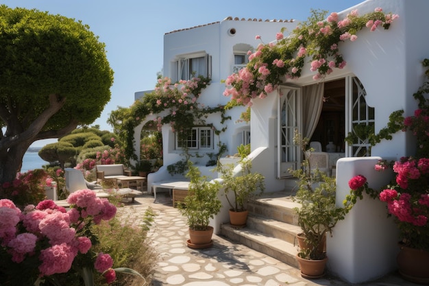 Casa cercada por um jardim exuberante com flores e árvores frutíferas