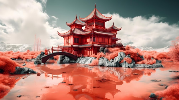 Casa chinesa vermelha em uma rocha com uma ponte ao fundo