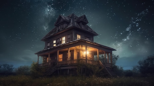 Una casa con un cielo estrellado de fondo