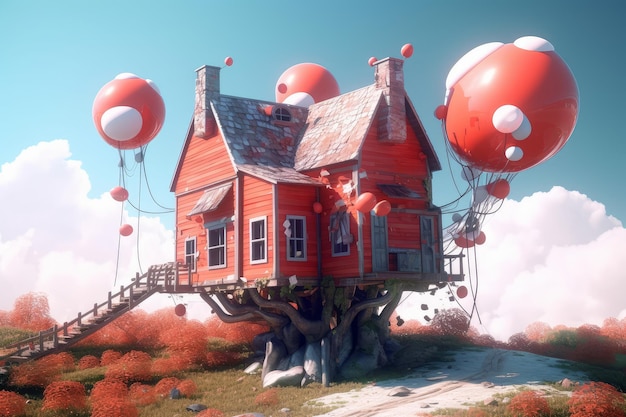 Una casa en el cielo con globos