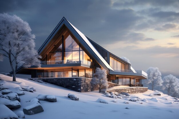 una casa en la cima de una colina nevada