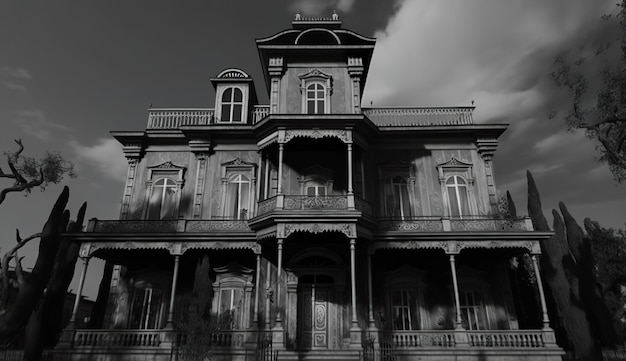 Foto casa de cine de terror en blanco y negro ai generar.