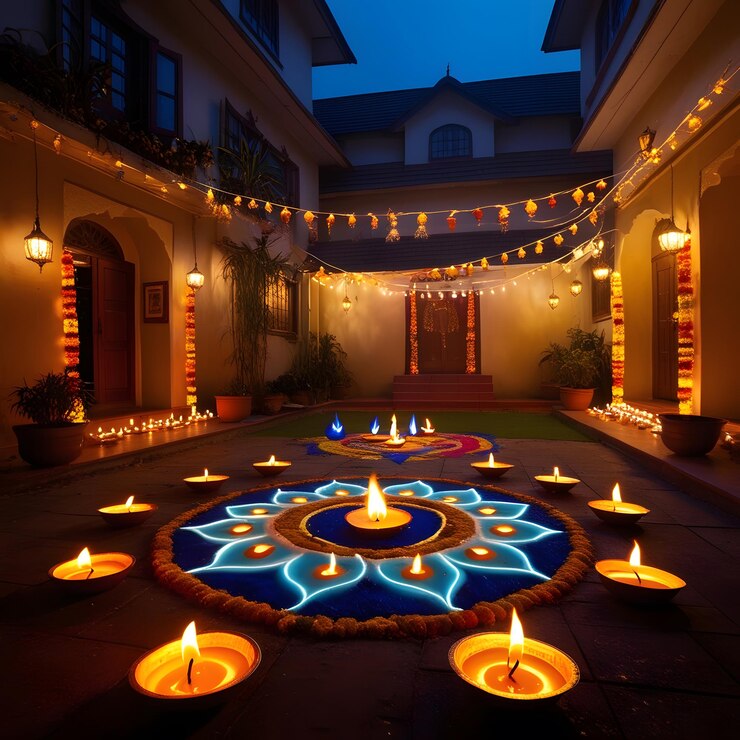 una casa con un círculo azul con luces en él