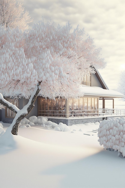 Casa coberta de neve ao lado de uma árvore generativa ai