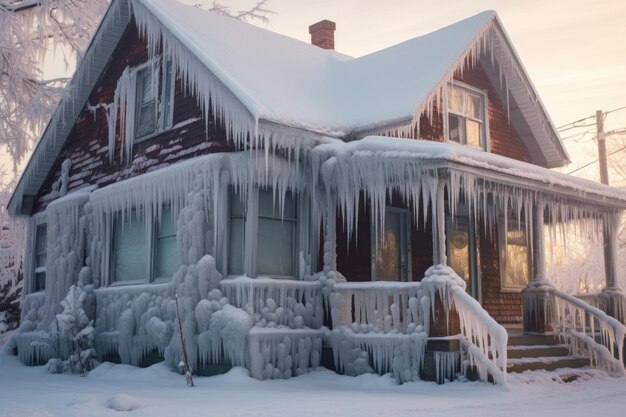 Foto casa coberta de neve com pingentes de gelo pendurados no telhado, criada com ai generativa
