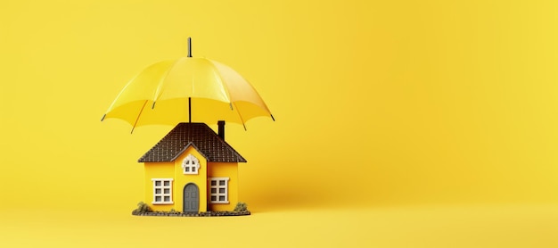 Casa coberta por guarda-chuva em fundo amarelo com espaço de cópia conceito de seguro residencial AI