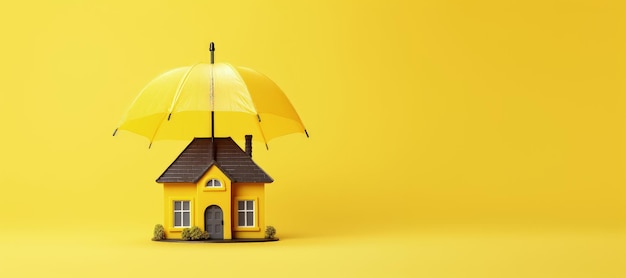 Casa coberta por guarda-chuva em fundo amarelo com espaço de cópia conceito de seguro residencial AI