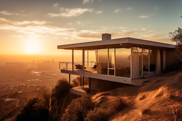 Una casa en una colina con un atardecer de fondo