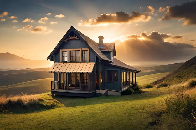 Una casa en una colina con un atardecer de fondo