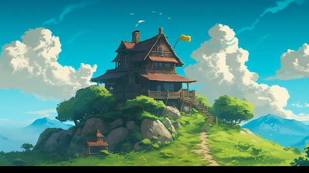 Una casa en una colina con una bandera