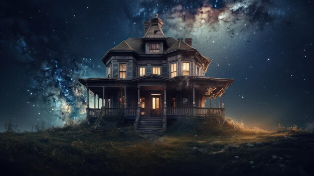 Una casa en una colina con un cielo estrellado de fondo