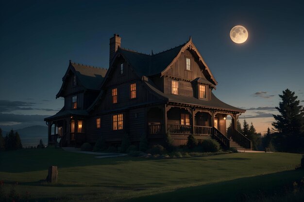 Casa en una colina con luna al fondo en la noche