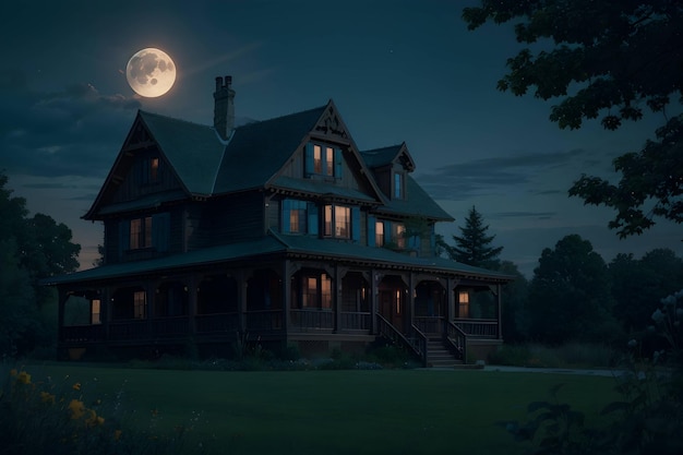 Casa en una colina con luna de fondo en la noche