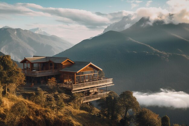 Una casa en una colina con una montaña al fondo