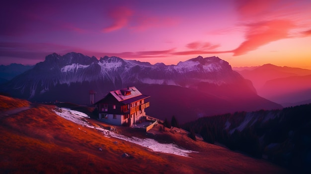 Una casa en una colina con montañas al fondo