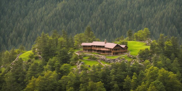 Una casa en una colina rodeada de árboles.