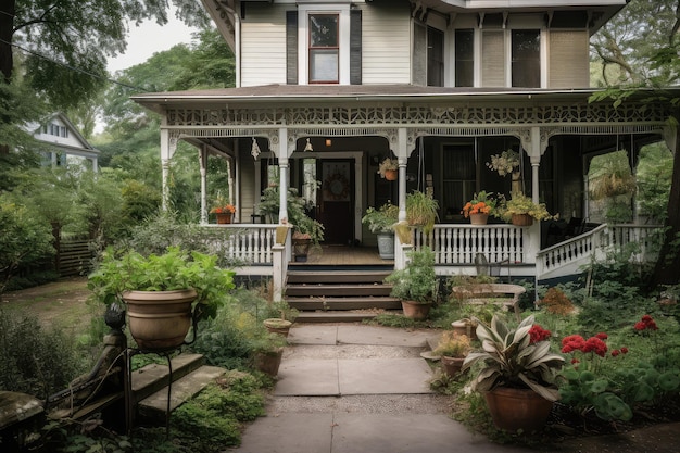 Casa Colonia com balanço de varanda envolvente e vasos de flores criados com IA generativa