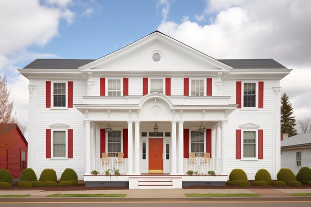 Foto casa colonial blanca puerta roja ventanas simétricas de dos pisos