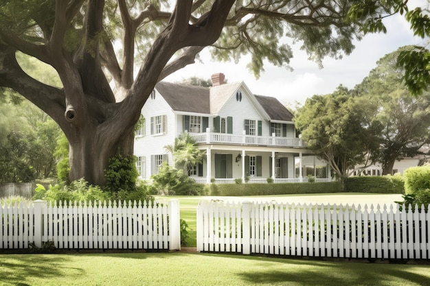 Casa colonial com cerca branca e gramado verde exuberante