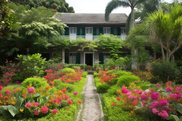 Casa colonial com jardim exuberante, incluindo flores desabrochando e folhagem verde