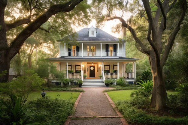 Casa colonial com varanda envolvente e lanternas cercadas por uma vegetação luxuriante