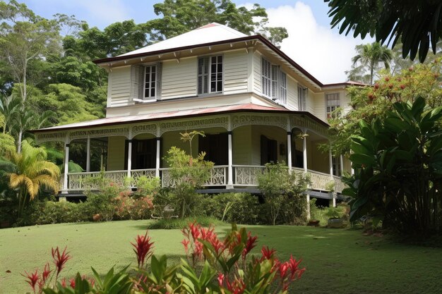 Casa colonial con porche envolvente y ventanas altas rodeadas de exuberante vegetación