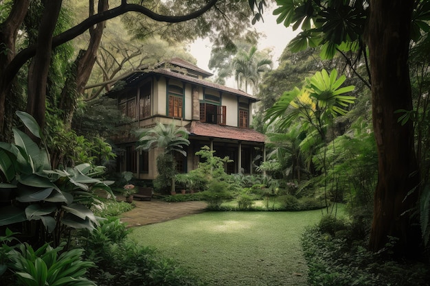 Casa colonial rodeada de exuberantes jardines y árboles imponentes