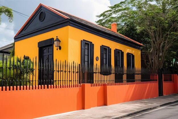 Casa colonial con sus paredes exteriores pintadas en colores vibrantes y una cerca de metal negro