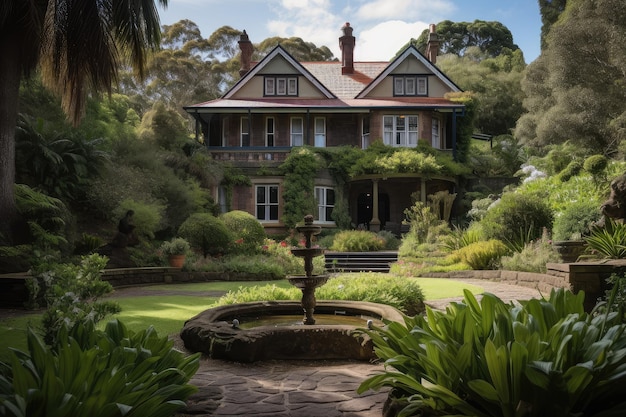 Casa colonial con vista a exuberantes jardines y fuentes de agua contra el cielo soleado