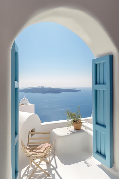 Casa de color blanco mediterráneo tradicional con detalles de color azul brillante