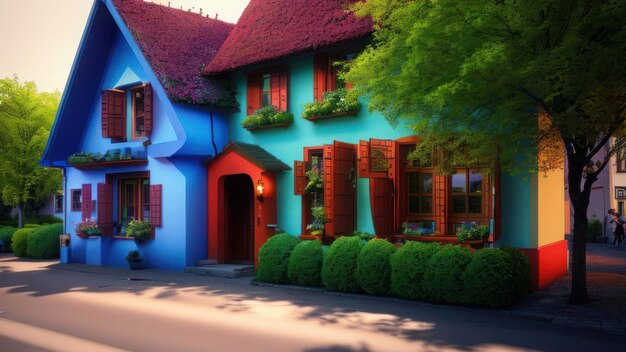 Una casa colorida con una casa azul en el lado izquierdo.