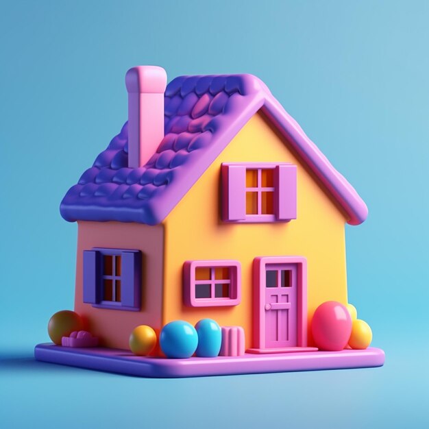 Casa colorida com balões e balões em fundo azul generativo ai