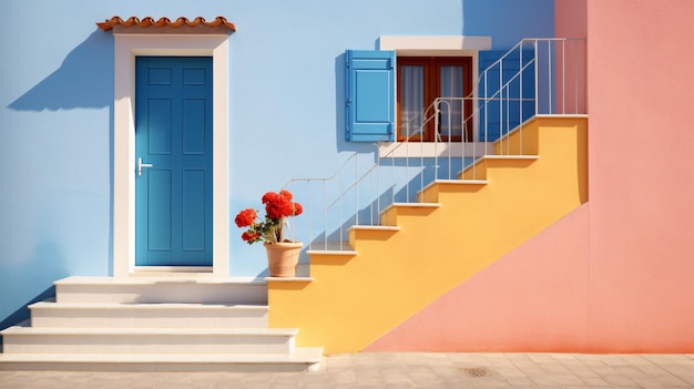 Foto casa colorida e vívida com porta e escadas em um dia ensolarado