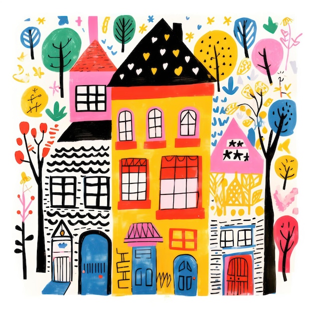Casa colorida lápis de cera crianças desenhando com flores casa sol desenhado à mão fundo de arte ingênuo como c