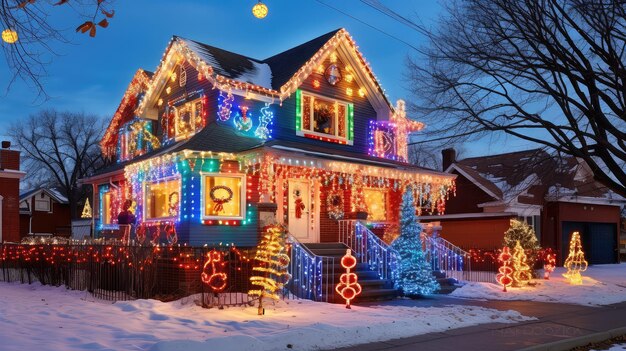 Casa colorida con luces de Navidad