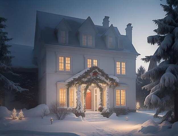 Foto casa com decoração de natal no meio da neve
