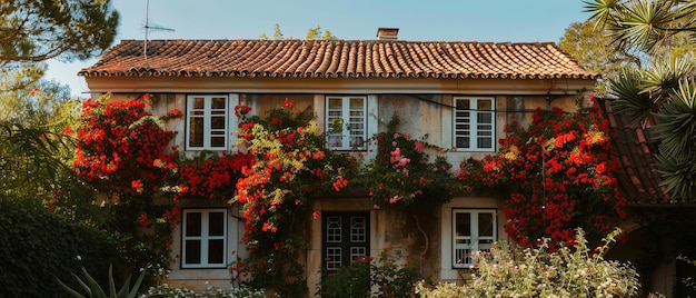 Casa com flores vermelhas ao lado