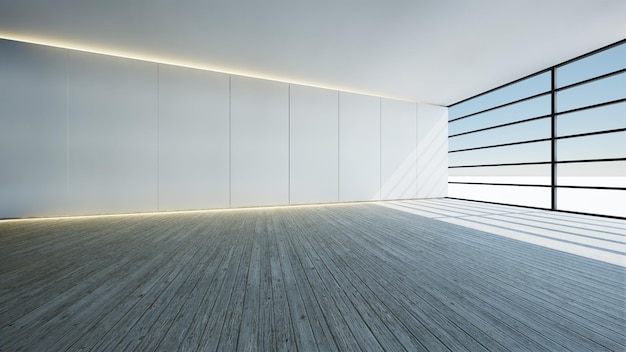 Casa com grande janela de vidro e piso de madeira renderização em 3d