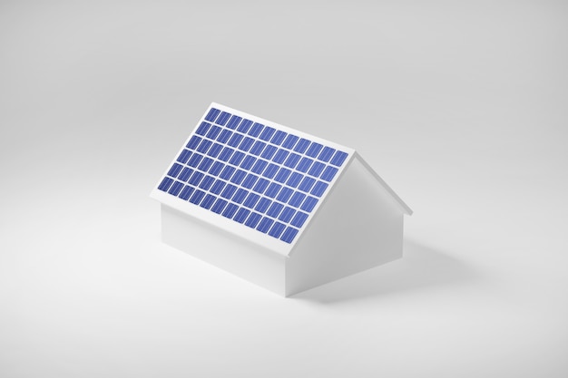 Casa com painéis solares no telhado, energia elétrica limpa da célula solar, ilustração 3d.