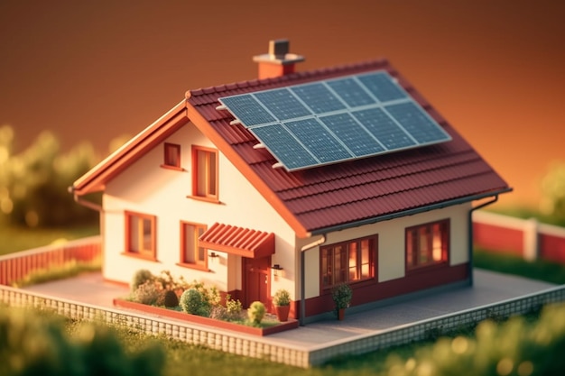 Casa com painéis solares no telhado Ilustração 3D de fonte de energia alternativa