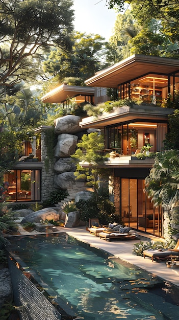 Casa com piscina cercada por árvores em paisagem natural
