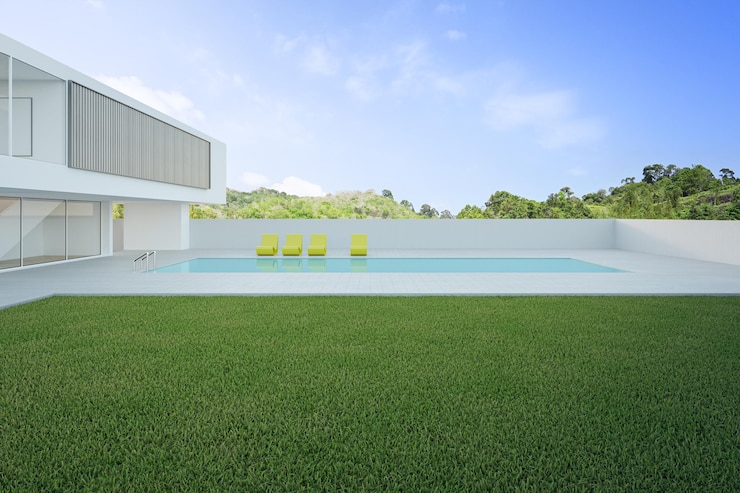 Foto casa com piscina perto de pátio de chão de grama vazio renderização 3d de gramado verde em casa moderna
