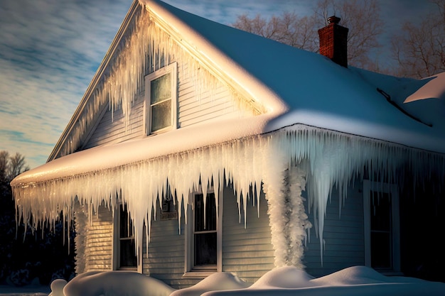 Casa com telhado triangular coberto de neve e gelo na casa