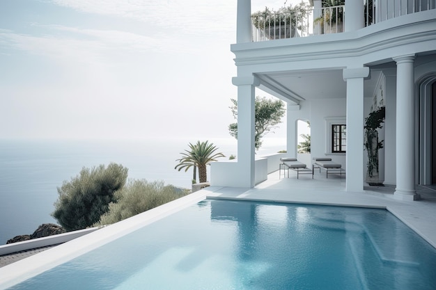 Casa com uma grande piscina em frente e vista para o mar