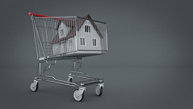 Casa en concepto de carrito de compras 3D rendering